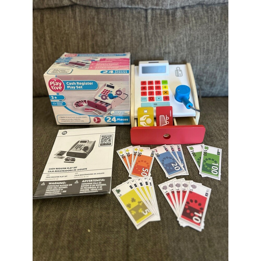 Playtive Cash Register Play Set - 24 Pieces - Wood & Plastic